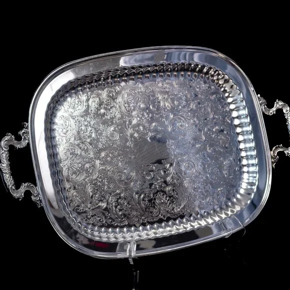 Silver Plated Serving Tray With Intricate Engraving & Handles | Leonard Silver - Picture 11 of 11
